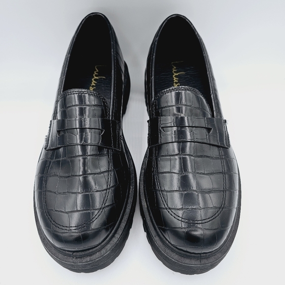 Lulus Maysie Black Crocodile Embossed Flatform Loafers Chunky Academia - Picture 9 of 12